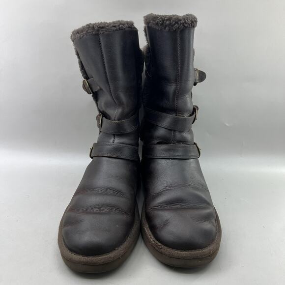 UGG Becket Boots Women Size 7 Brown Shearling Buckle Mid Calf Winter Strap Shoes - Picture 2 of 10